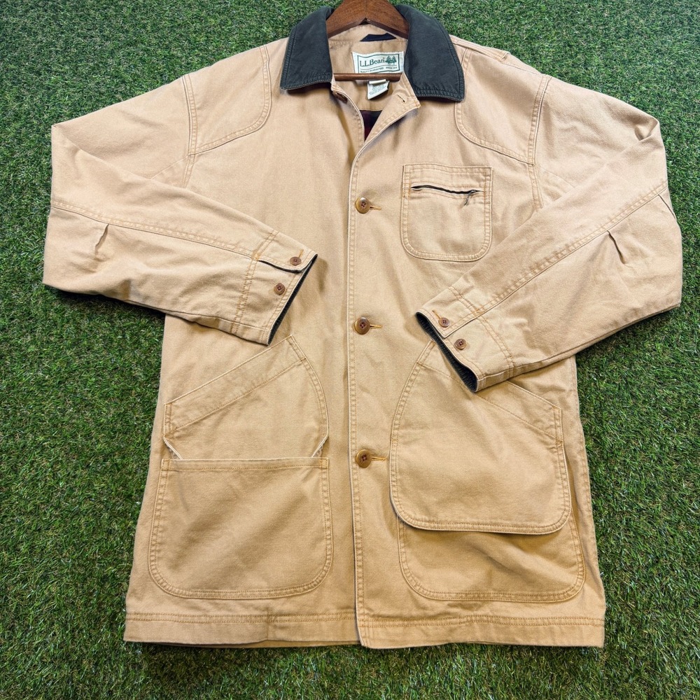 LL Bean Field Coat Mens Medium Tall Tan Canvas Plaid Flannel Lined Barn Jacket